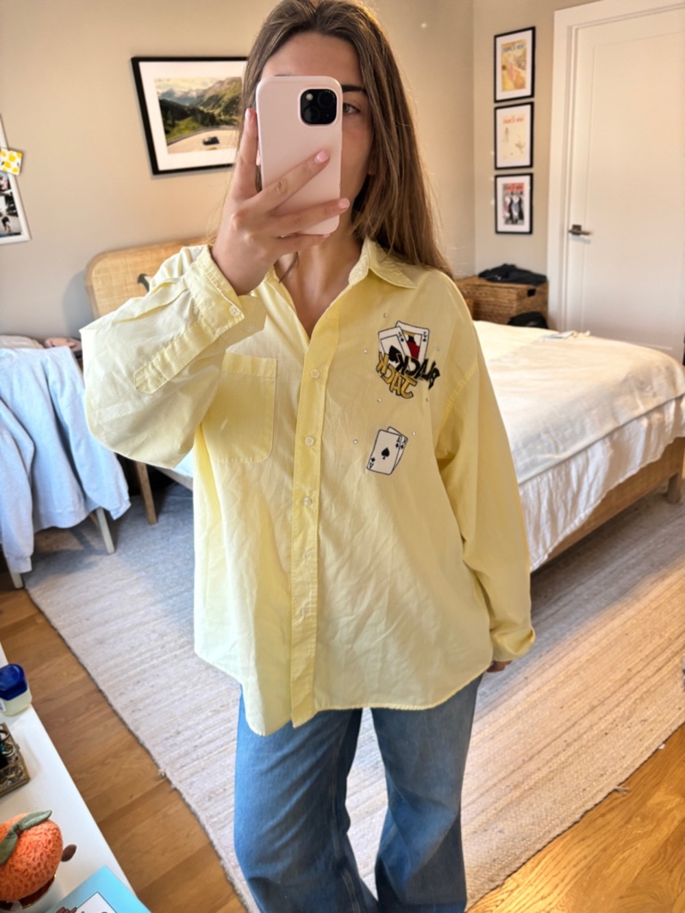 Vintage Yellow Button-Up Shirt with Card Game Patches